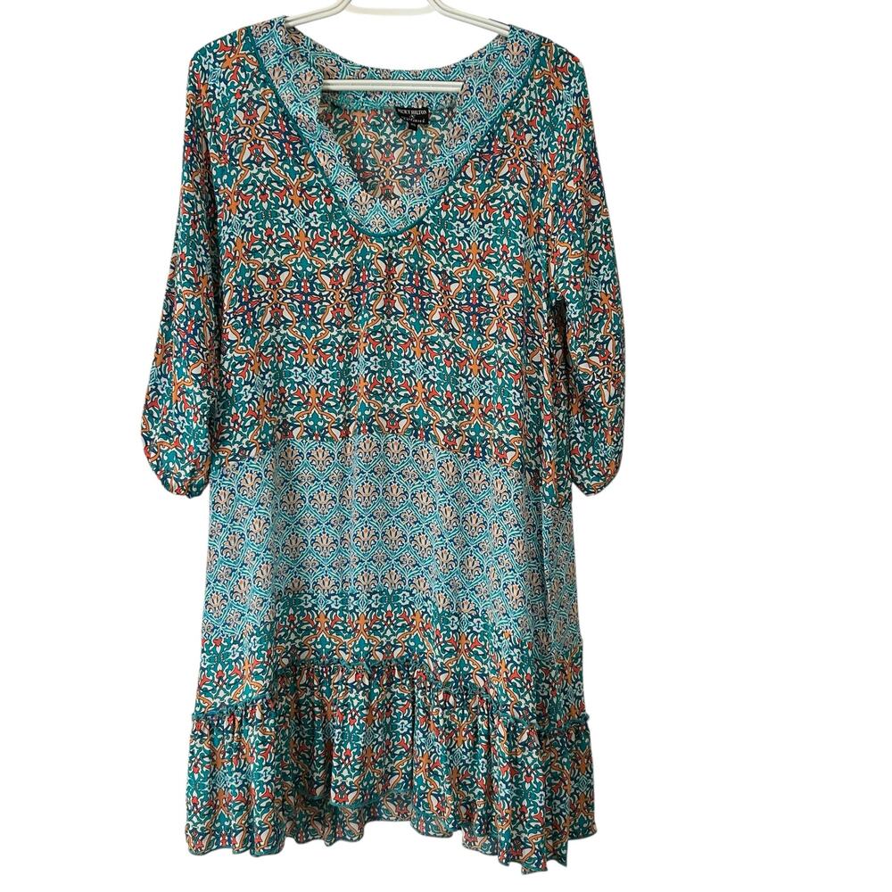 Tolani x Nicky Hilton Bohemian Print Tunic Dress 100% Silk 3/4 Sleeve Women XS